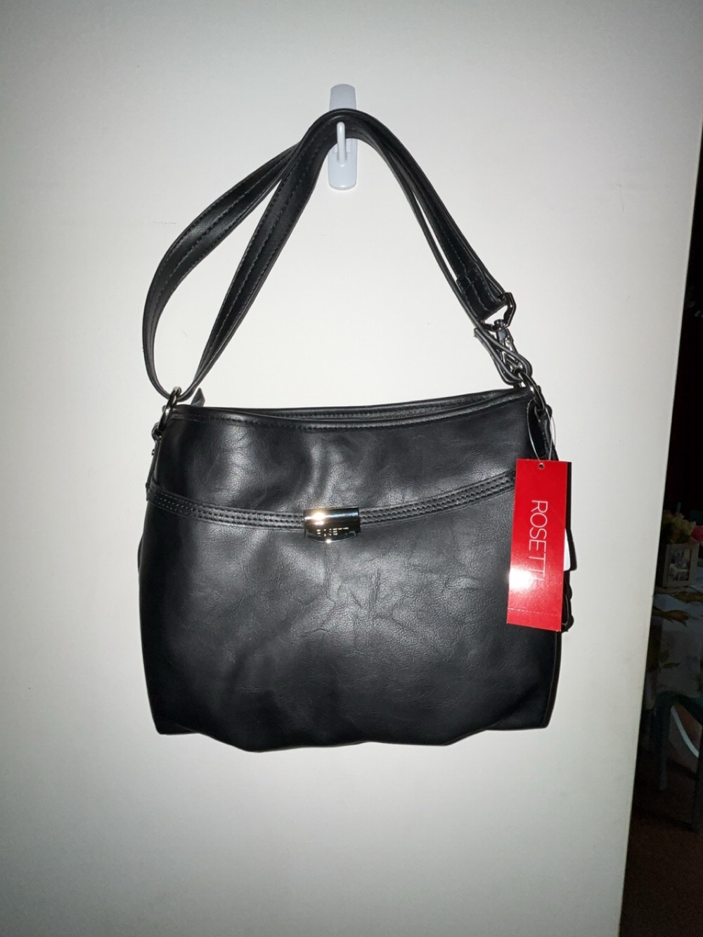Rosetti Black Faux Leather Shoulder Bag with Gold Clasp